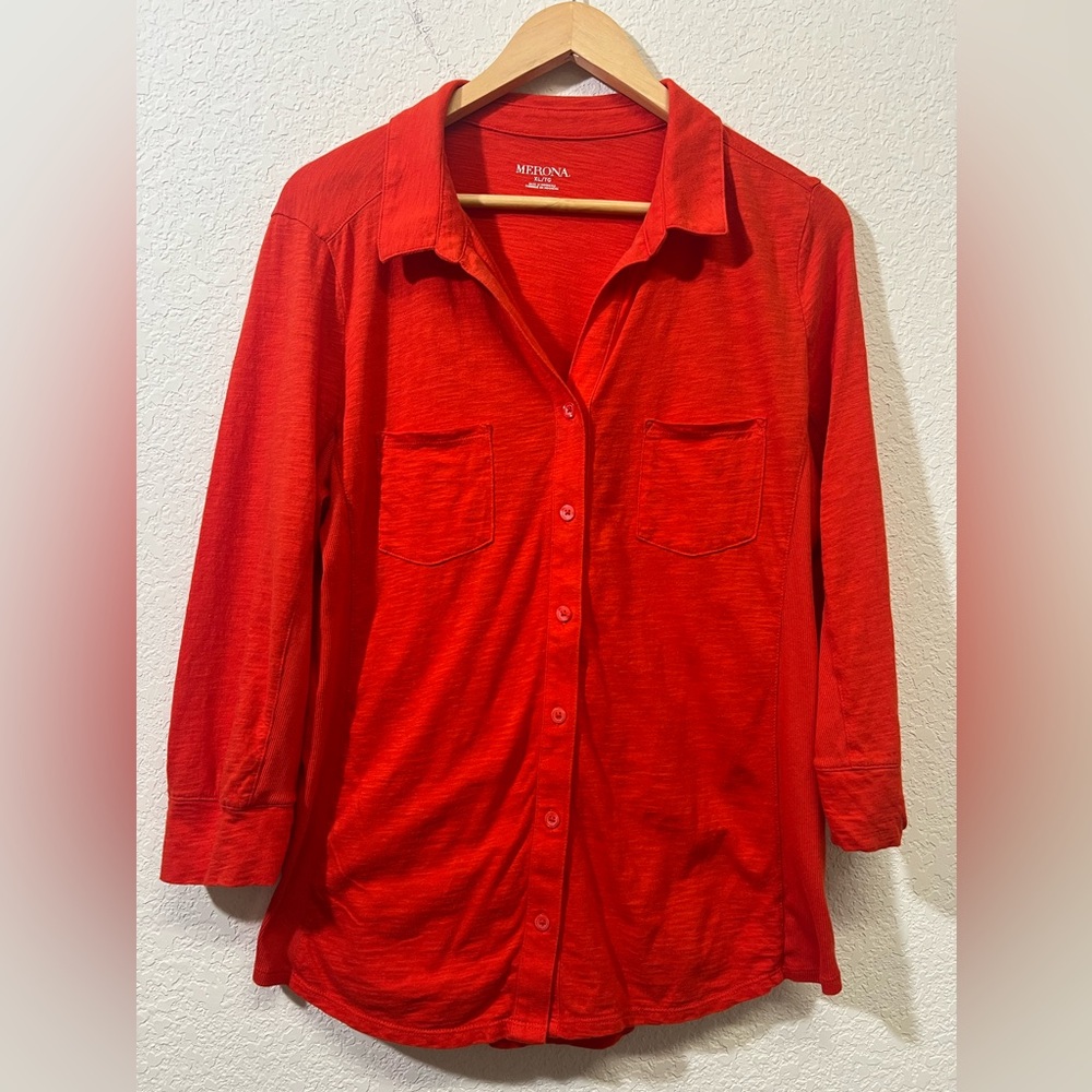 Merona Red-Orange 3/4 length sleeve knit shirt XL button down collar stretch